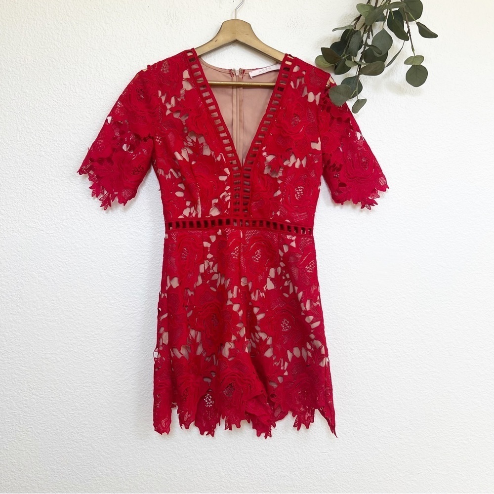 ASTR The Label- Red Lace Short Sleeve V-Neck Romper-  S